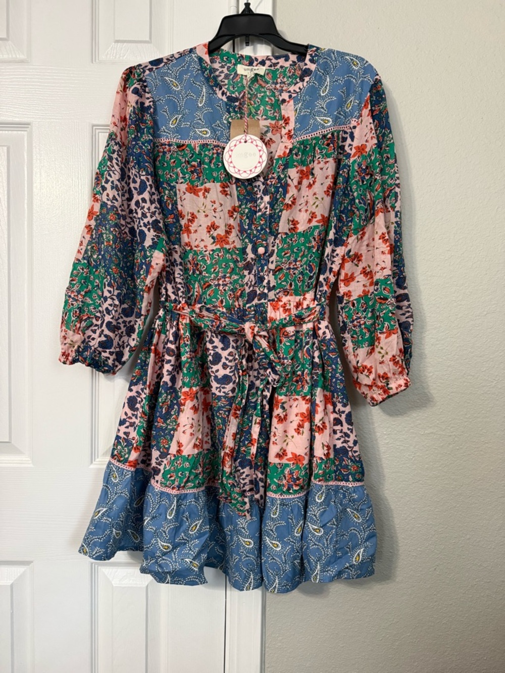 Umgee Multicolor Floral Patchwork Tie-Waist Dress